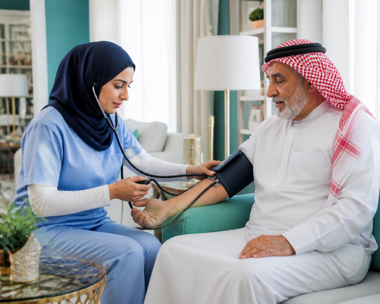 ممرضة منزلية تقيس ضغط الدم لرجل مسن في منزله